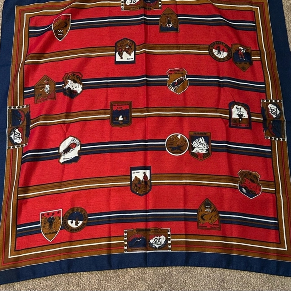 Vintage Chamonix Winter Sports Scarf 30×30 Red Blue Olympic Retro Ski Print